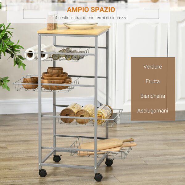 Homcom Carrello da Cucina con Cesti Estraibili in Acciaio e Ruote, 36.5x36.5x89cm|Aosom