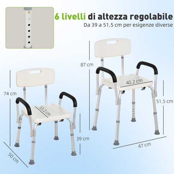 HOMCOM Sedia da doccia con schienale e braccioli, sedia regolabile in altezza|Aosom