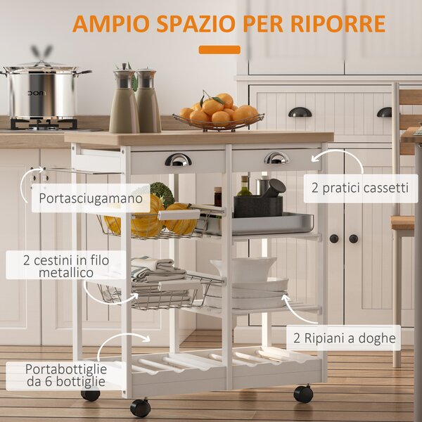 HOMCOM Carrello da Cucina con Ruote Cassetti e Portabottiglie Carrello Portabottiglie in Legno Bianco 74x37x76cm|Aosom