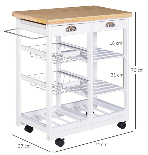 HOMCOM Carrello da Cucina con Ruote Cassetti e Portabottiglie Carrello Portabottiglie in Legno Bianco 74x37x76cm|Aosom