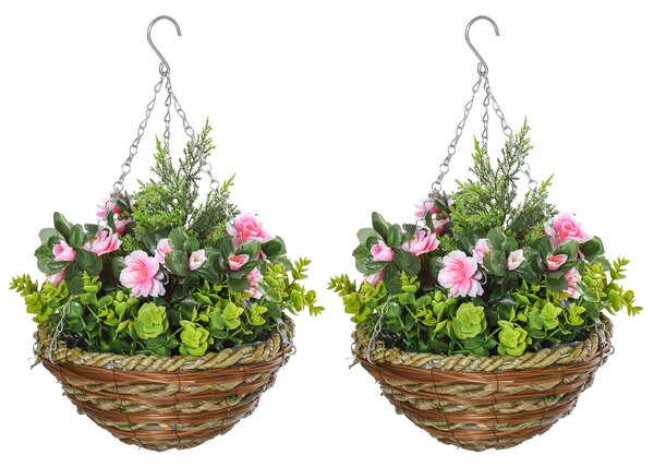 Outsunny Set di 2 Piante Finte Lisianthus da Appendere per Interno ed Esterno con Vaso in Vimini e Catenelle, Ф25x34cm, Rosa e Verde|Aosom