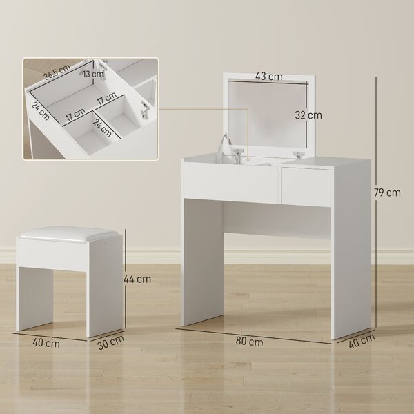 HOMCOM Mobile Toeletta con Specchio a Scomparsa e Sgabello Elegante Tavolo Consolle con Cassetto Design Moderno Bianco 80x40x79cm|Aosom