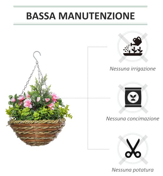 Outsunny Set di 2 Piante Finte Lisianthus da Appendere per Interno ed Esterno con Vaso in Vimini e Catenelle, Ф25x34cm, Rosa e Verde|Aosom