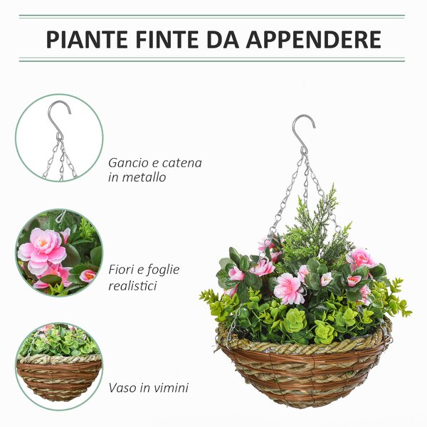 Outsunny Set di 2 Piante Finte Lisianthus da Appendere per Interno ed Esterno con Vaso in Vimini e Catenelle, Ф25x34cm, Rosa e Verde|Aosom