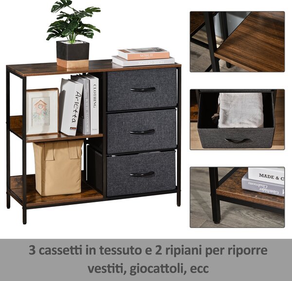 HOMCOM Cassettiera in Tessuto con 3 Cassetti Pieghevoli, Mobile Multiuso per Soggiorno e Camera, 58x29x81.5cm, Grigio Scuro | Aosom Italy