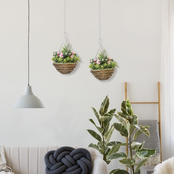 Outsunny Set di 2 Piante Finte Lisianthus da Appendere per Interno ed Esterno con Vaso in Vimini e Catenelle, Ф25x34cm, Rosa e Verde|Aosom