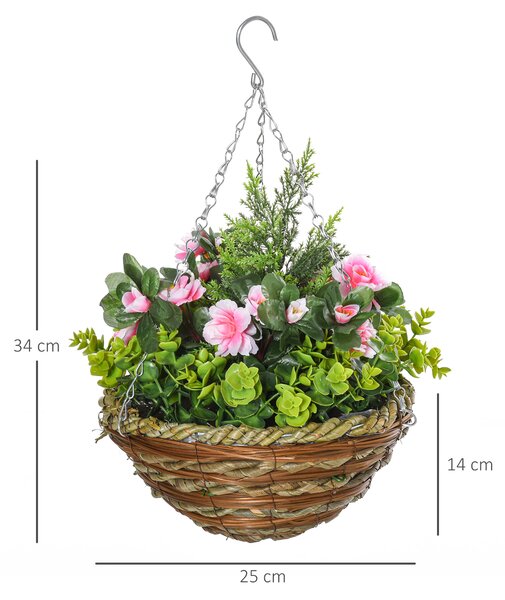 Outsunny Set di 2 Piante Finte Lisianthus da Appendere per Interno ed Esterno con Vaso in Vimini e Catenelle, Ф25x34cm, Rosa e Verde|Aosom