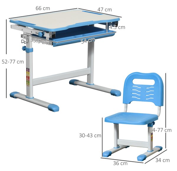 HOMCOM Set Tavolo e Sedie per Bambini 6-12 Anni con Banco Altezza Regolabili,Cassetto e Piano Inclinabile a 45°,in acciaio e MD,Blu |Aosom Italy
