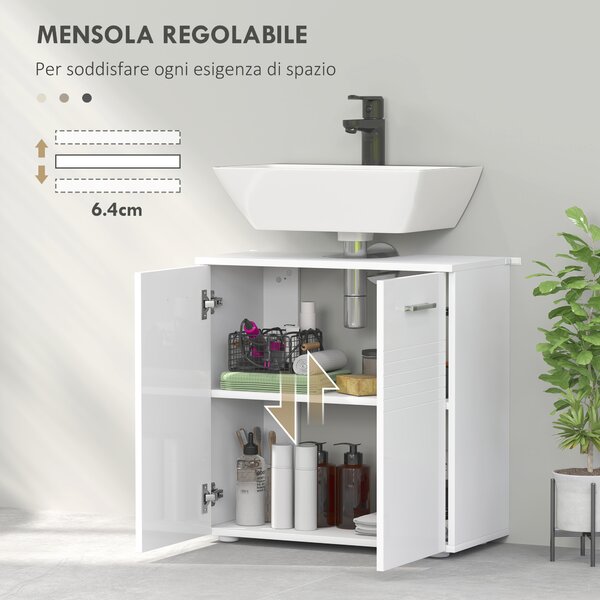 Kleankin Mobile Sottolavabo per Bagno a 2 Ante, Armadietto Salvaspazio per Lavandino in Legno con Mensola Regolabile, Bianco|Aosom