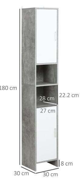 Kleankin Colonna Bagno Salvaspazio, 2 Armadietti, 2 Vani Aperti, Design Moderno in Legno Effetto Cemento, 30x30x180cm - Grigio|Aosom