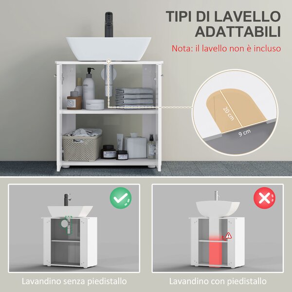 Kleankin Mobile Sottolavabo per Bagno a 2 Ante, Armadietto Salvaspazio per Lavandino in Legno con Mensola Regolabile, Bianco|Aosom