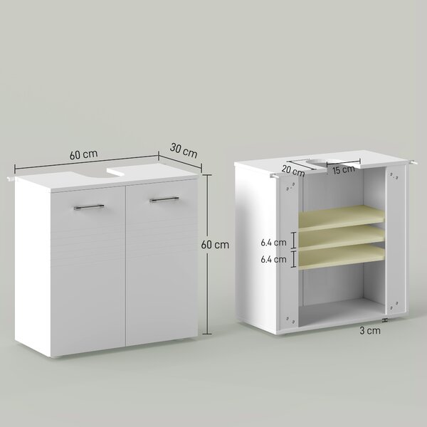 Kleankin Mobile Sottolavabo per Bagno a 2 Ante, Armadietto Salvaspazio per Lavandino in Legno con Mensola Regolabile, Bianco|Aosom