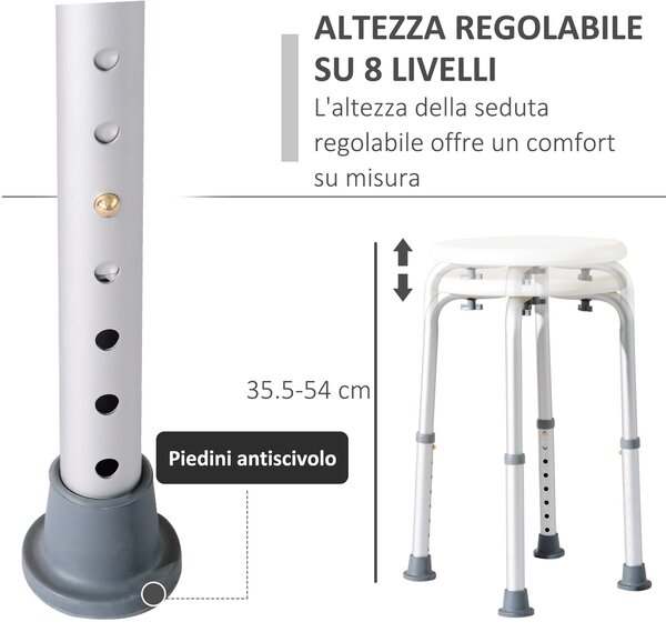 HomCom Sgabello bagno, Sgabello doccia regolabile in altezza Sgabello antiscivolo, bianco|Aosom