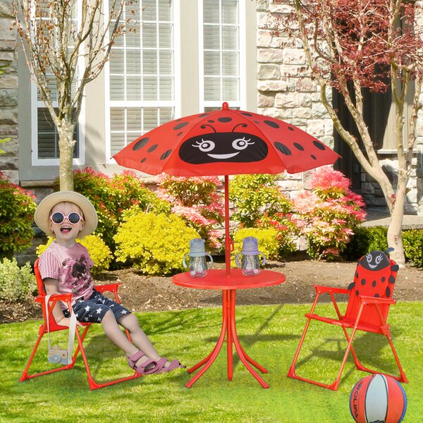 Outsunny Set Tavolo da Giardino con 2 Sedie Pieghevoli e Ombrellone per Bambini in Metallo e Poliestere, Rosso|Aosom