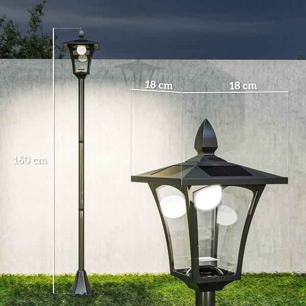 Outsunny Lampione da Giardino 160cm con Luci LED ad Energia Solare, Impermeabilità IP44, Illuminazione Automatica, in Acciaio, Nero | Aosom