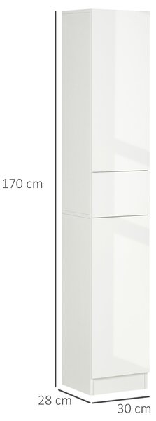 Kleankin Colonna Bagno con Cassetto e 2 Armadietti Bianco Lucido, 30x28x170cm|Aosom