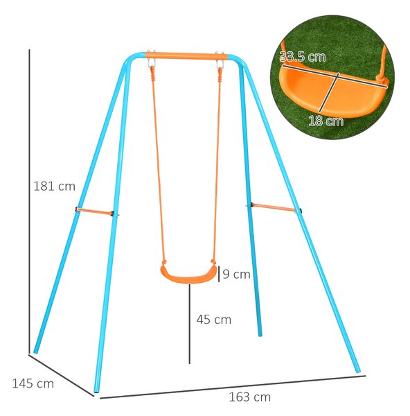 Outsunny Altalena per Bambini 3-8 Anni da Giardino in Acciaio e PE con Seggiolino e Picchetti, 163x145x181 cm, Blu e Arancione|Aosom