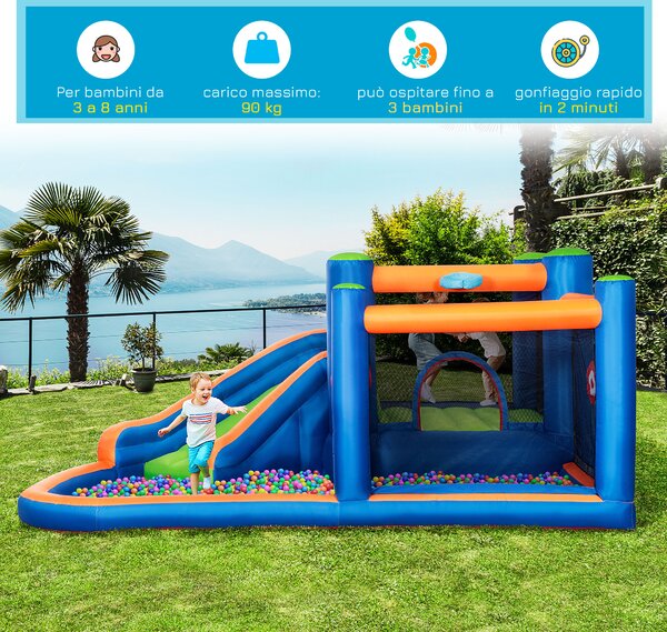 Outsunny Castello Gonfiabile per Bambini 3-8 Anni con Scivolo, Trampolino e Piscina, 380x340x170cm
