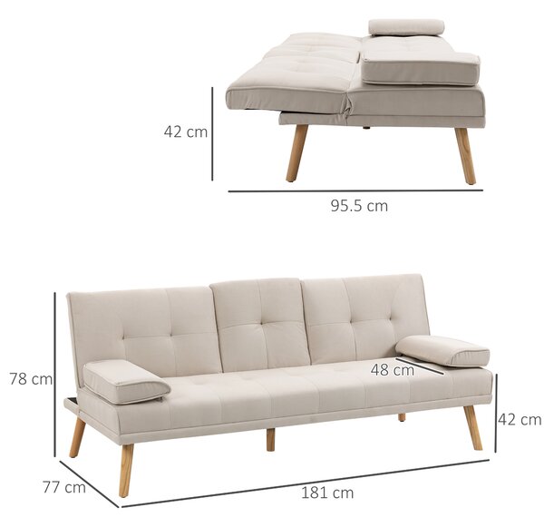 HOMCOM Divano Letto 3 Posti Reclinabile con Rivestimento Effetto Lino e Tavolino a Ribalta, Beige|Aosom
