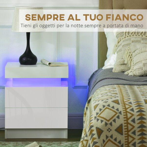 HOMCOM Comodino Moderno Multifunzionale con luce LED RGB e 2 cassetti, 4 Modalità di luce e 16 colori, 45x35x52cm, Bianco|Aosom Italy