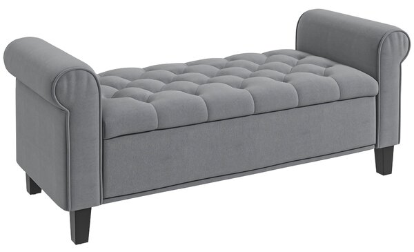 HOMCOM Panca Fondo Letto in Tessuto Vellutato con Spazio Portaoggetti e Braccioli, 126x48.5x57 cm, Grigio|Aosom