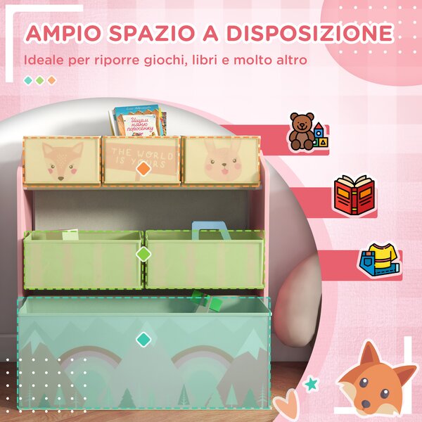 ZONEKIZ Scaffale Portagiochi per Bambini con 6 Contenitori Rimovibili in Tessuto, 63x30x66cm, Rosa|Aosom