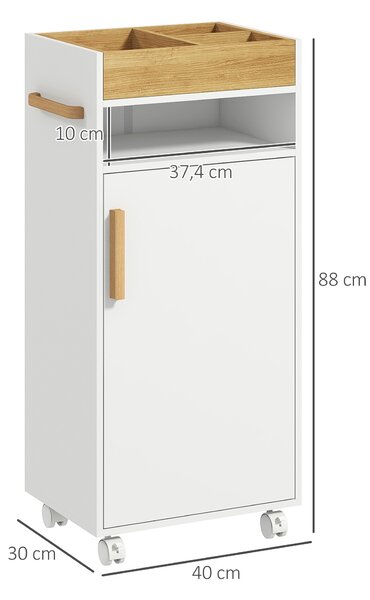 Kleankin Armadietto Bagno con Anta, Vassoio Superiore Rimovibile, 4 Ruote e Ripiani Interni Regolabili, in Legno, 40x30x88cm, Bianco | Aosom