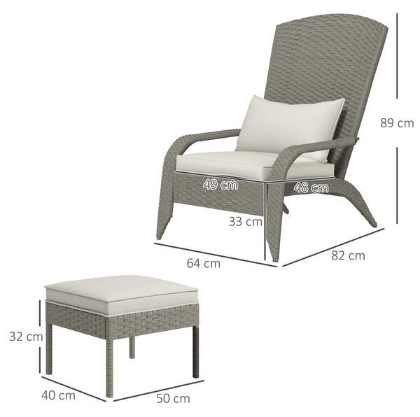 Outsunny Sedia da Giardino con Poggiapiedi e Cuscini Imbottiti, in Rattan e Acciaio, 64x82x89 cm, Grigio e Crema|Aosom