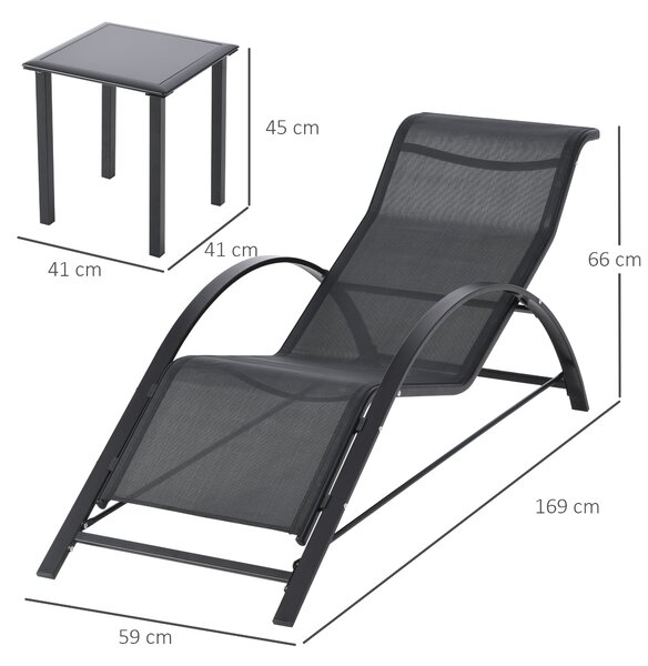 Outsunny Set 2 Lettini Prendisole e Tavolino con Ripiano, in Tessuto Traspirante e Metallo, 59x169x66 cm, Nero|Aosom