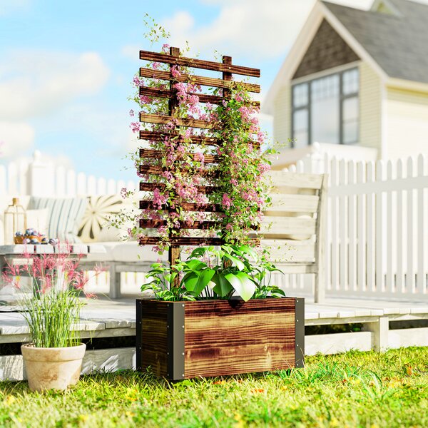 Outsunny Fioriera con Traliccio per Rampicanti e Rotelle, in Legno di Abete, 65x31x147 cm, Marrone