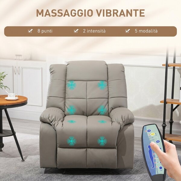 HOMCOM Poltrona Massaggiante Reclinabile 165° con Braccioli Curvati e Imbottitura Spessa, Poltrona Reclinabile in Similpelle, Grigio | Aosom Italy