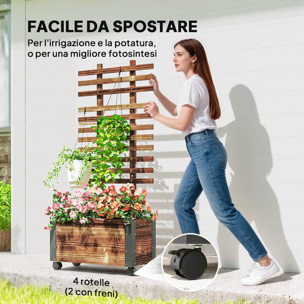 Outsunny Fioriera con Traliccio per Rampicanti e Rotelle, in Legno di Abete, 65x31x147 cm, Marrone
