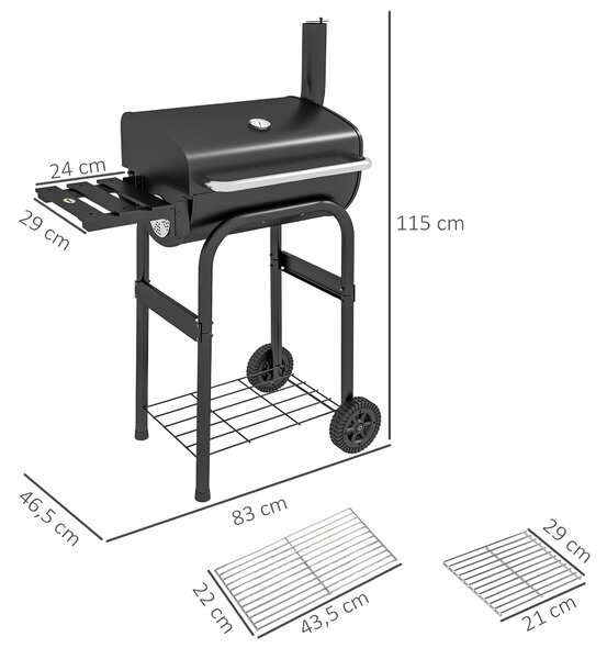 Outsunny Barbecue a Carbone con Coperchio, Termometro e Camino, Ripiani e Ruote, Nero|Aosom