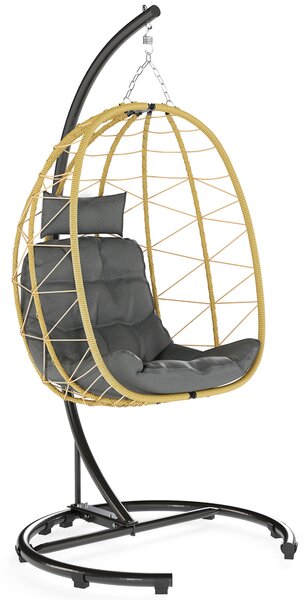 Outsunny Poltrona Sospesa e Pieghevole con Cuscini, in Acciaio e Rattan PE, 102x102x195 cm, Nera Grigia e Beige|Aosom