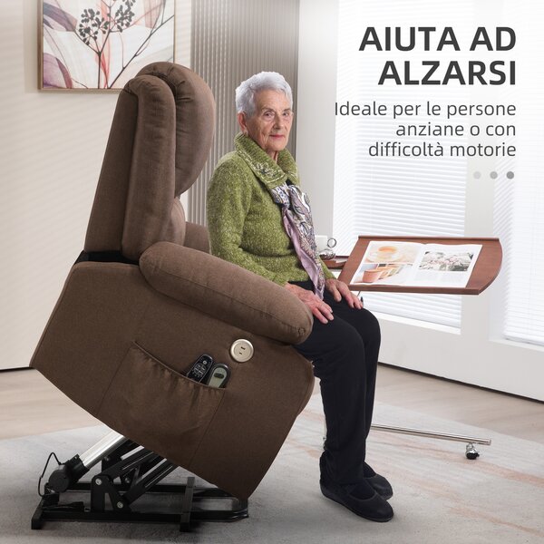 HOMCOM Poltrona Alzapersona Reclinabile con Poggiapiedi, in Tessuto Effetto Lino, 87x92x105 cm, Caffè|Aosom