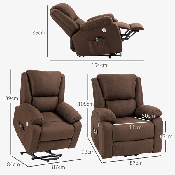 HOMCOM Poltrona Alzapersona Reclinabile con Poggiapiedi, in Tessuto Effetto Lino, 87x92x105 cm, Caffè|Aosom