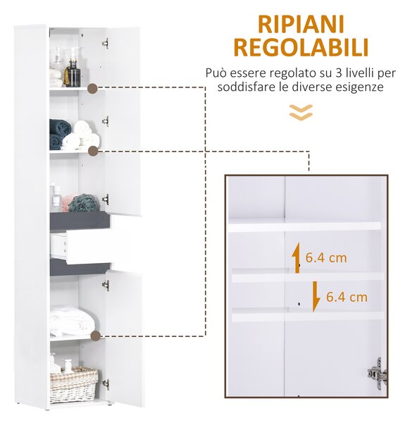 HOMCOM Mobiletto Bagno Salvaspazio con 2 Armadietti e Cassetto, Colonna Bagno con Ripiani Regolabili, in Legno, 35x31x172 cm, Bianco | Aosom Italy