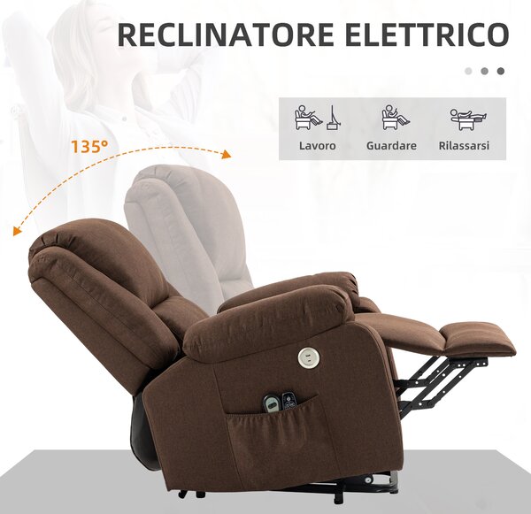 HOMCOM Poltrona Alzapersona Reclinabile con Poggiapiedi, in Tessuto Effetto Lino, 87x92x105 cm, Caffè|Aosom
