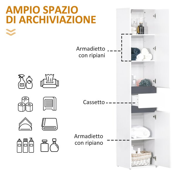 HOMCOM Mobiletto Bagno Salvaspazio con 2 Armadietti e Cassetto, Colonna Bagno con Ripiani Regolabili, in Legno, 35x31x172 cm, Bianco | Aosom Italy