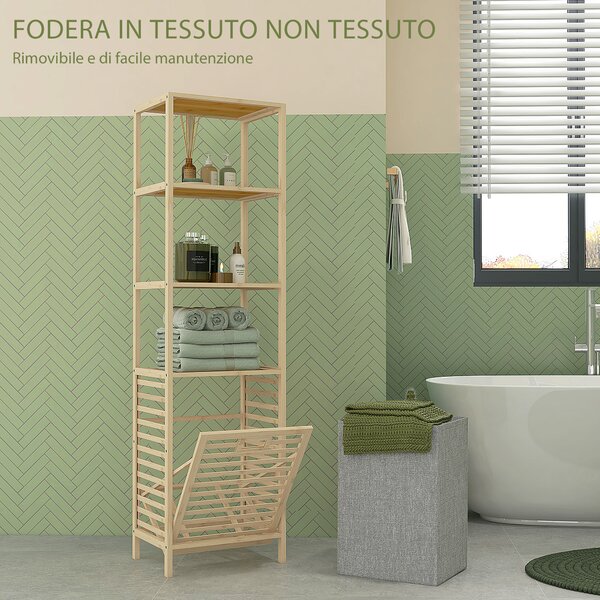 HOMCOM Colonna Bagno con 3 Ripiani in Legno di Bambù e Cesto Portabiancheria in Tessuto, 44x33x160cm|Aosom