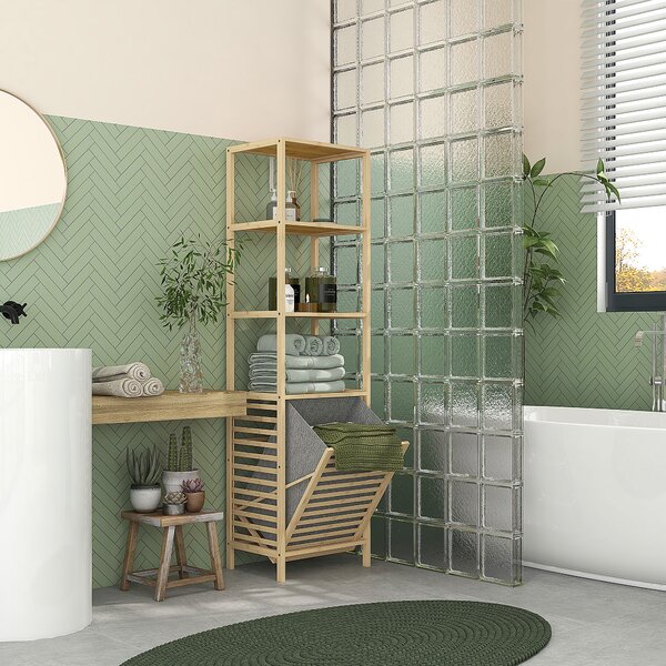 HOMCOM Colonna Bagno con 3 Ripiani in Legno di Bambù e Cesto Portabiancheria in Tessuto, 44x33x160cm|Aosom