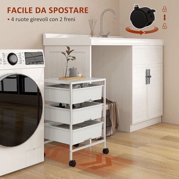 HOMCOM Carrello Multiuso con 3 Cestini Estraibili e Ruote per Cucina e Ufficio in Acciaio e PP, Bianco|Aosom