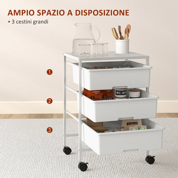 HOMCOM Carrello Multiuso con 3 Cestini Estraibili e Ruote per Cucina e Ufficio in Acciaio e PP, Bianco|Aosom