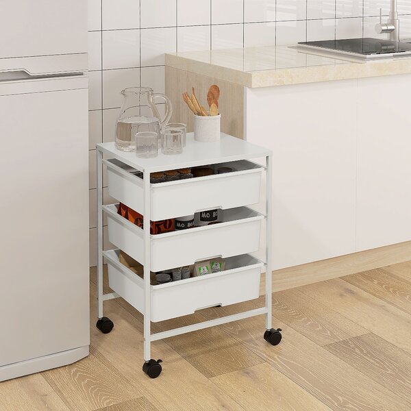 HOMCOM Carrello Multiuso con 3 Cestini Estraibili e Ruote per Cucina e Ufficio in Acciaio e PP, Bianco|Aosom