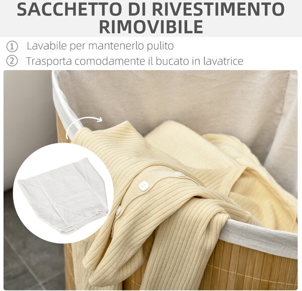 HOMCOM Cesto Portabiancheria con Coperchio Triangolare in Bambù e Tessuto, 38x38x57cm, Colore Legno|Aosom