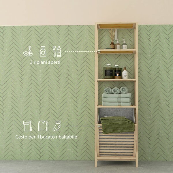 HOMCOM Colonna Bagno con 3 Ripiani in Legno di Bambù e Cesto Portabiancheria in Tessuto, 44x33x160cm|Aosom
