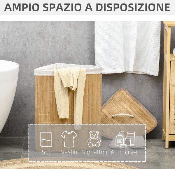 HOMCOM Cesto Portabiancheria con Coperchio Triangolare in Bambù e Tessuto, 38x38x57cm, Colore Legno|Aosom