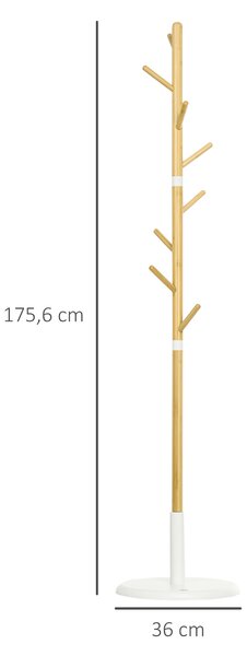 HOMCOM Albero Appendiabiti a 8 Ganci con Base Rotonda in Bambù, Legno e Metallo, Ø37.8x175.6 cm, color Legno e Metallo