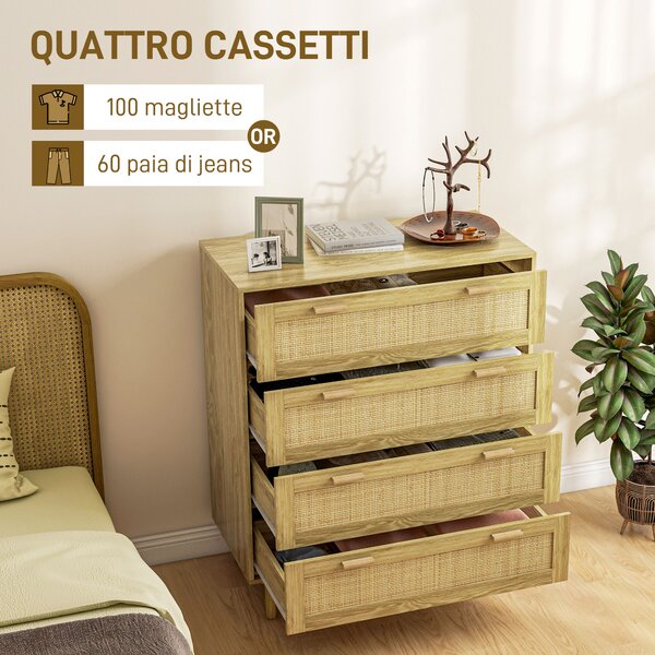 HOMCOM Cassettiera Mobile 4 Cassetti, Stile Boho in Legno e Rattan, al muro, per soggiorno, camera e ingresso, 90x45x108.5cm, Rovere|Aosom Italy