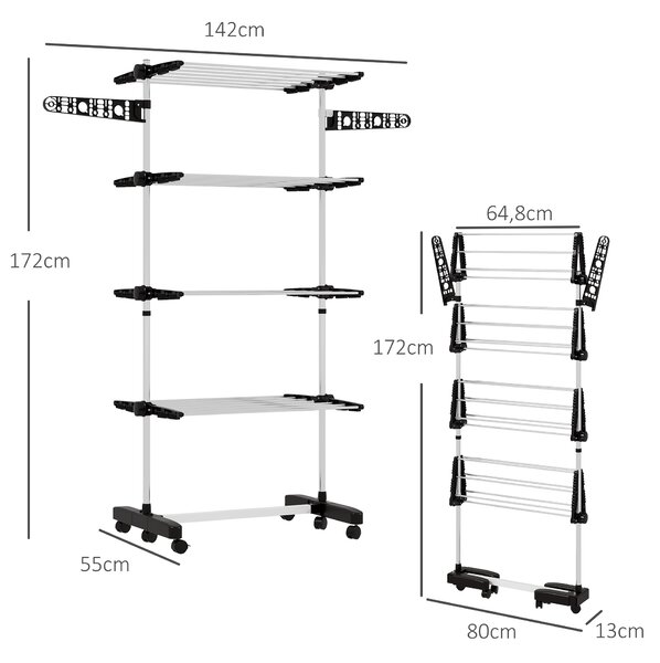HOMCOM Stendino Verticale con 4 Ripiani Regolabili, in Acciaio e Plastica, 142x55x172 cm, Nero e Argento
